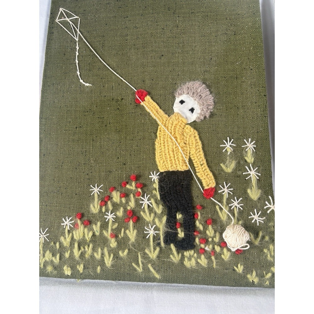 Crewel Needlepoint Art SET OF 2 Boy Girl Kite Flowers Board Back unframed 70's - Picture 10 of 12